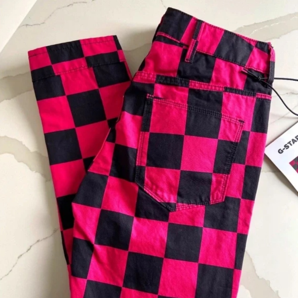 G-STAR RAW BOYFRIEND JEANS PINK BLACK CHECKERED PRINT BIKER CHIC STREET STYLE